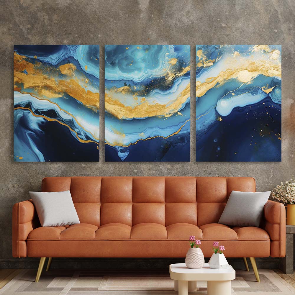 Multi Panel Canvas Wall Art Print Blue marble with gold