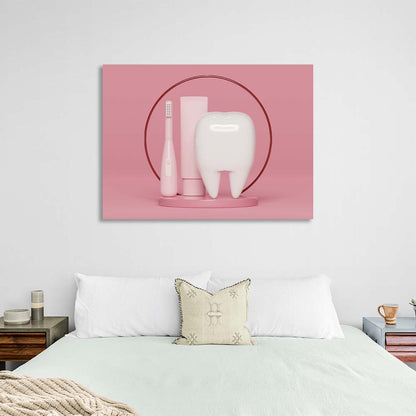 For dentistry tooth with brush and paste on pink background Canvas Wall Art Print