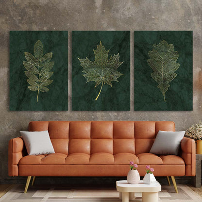 Multi Panel Canvas Wall Art Print Golden leaves on dark green background