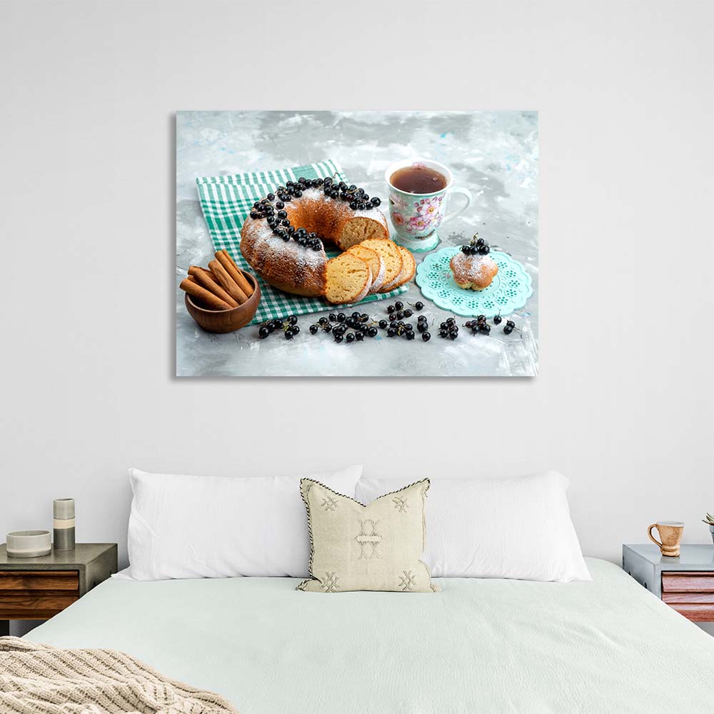 Tea, cinnamon and blackcurrant muffin Canvas Wall Art Print For Kitchen