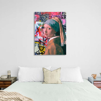 Canvas Wall Art Print Girl with a pearl earring on the background of the wall graffiti