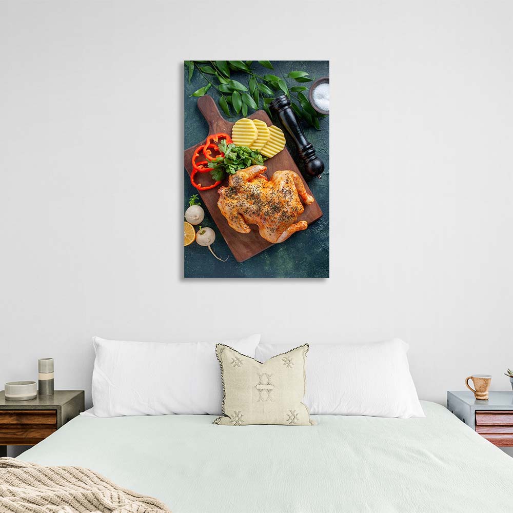 Canvas Wall Art Print For Kitchen Grilled chicken with vegetables on a board 2