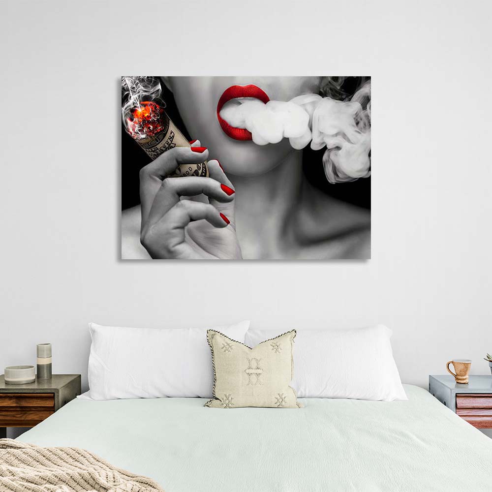 Canvas Wall Art Girl with a cigar of 100 dollars