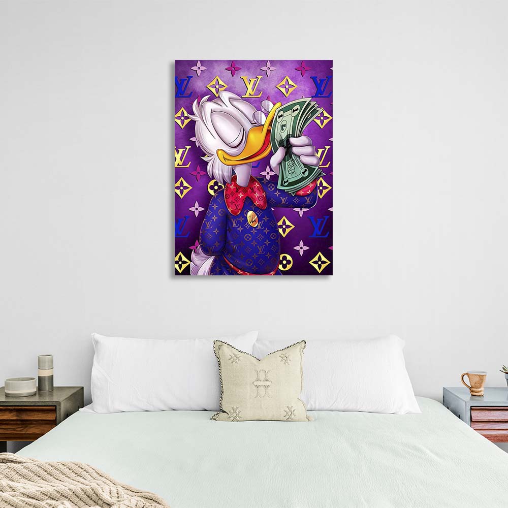 Inspirational Canvas Wall Art Print Scrooge with a bundle of dollars on purple background Chanel