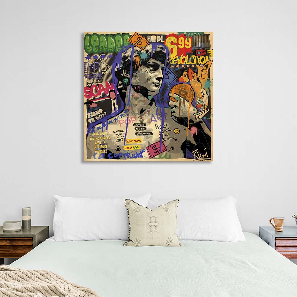 Pop art statue of David with bitcoin Canvas Wall Art Print