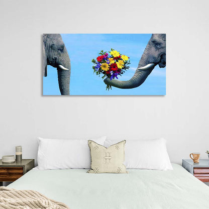 Canvas Wall Art Print Couple of elephants with a bouquet of flowers