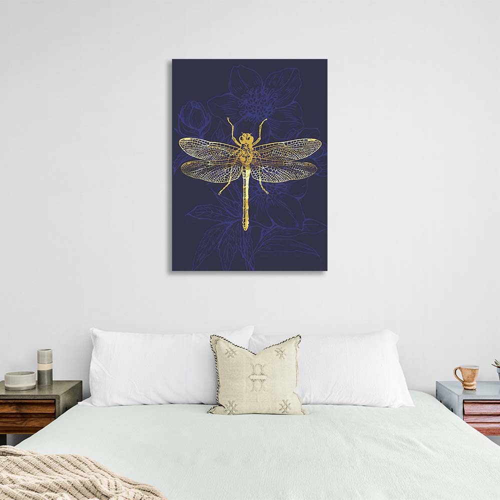 Canvas Wall Art Print Golden dragonfly on dark blue background