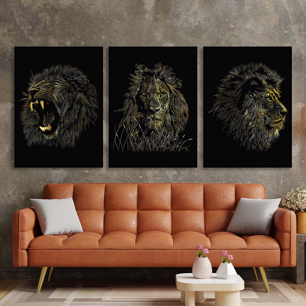 Multi Panel Canvas Wall Art Print Lion's head on a black background