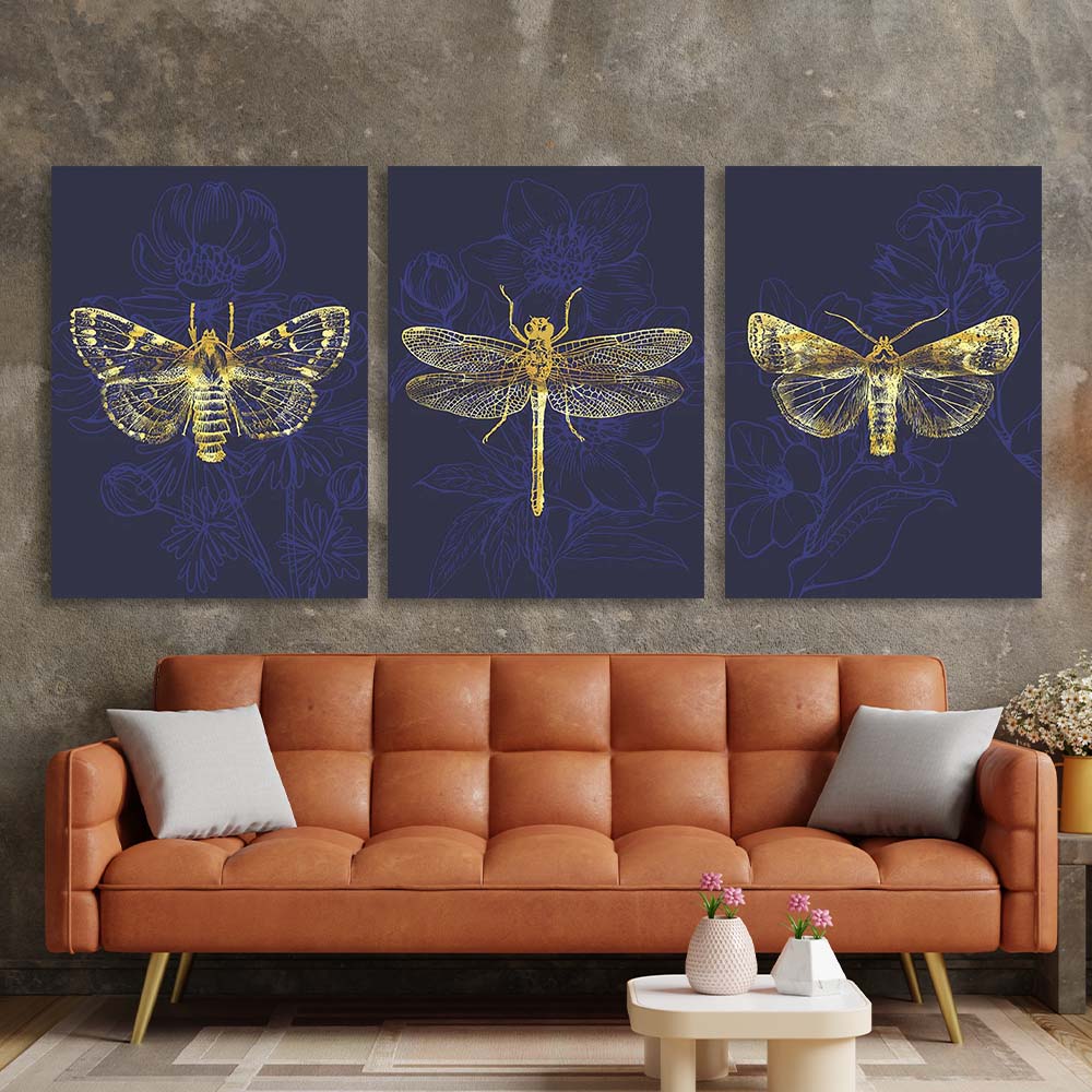 Multi Panel Canvas Wall Art Print Golden butterflies on dark blue background