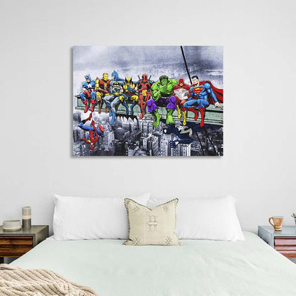 Canvas Wall Art Print Marvel and DC heroes on top of a skyscraper