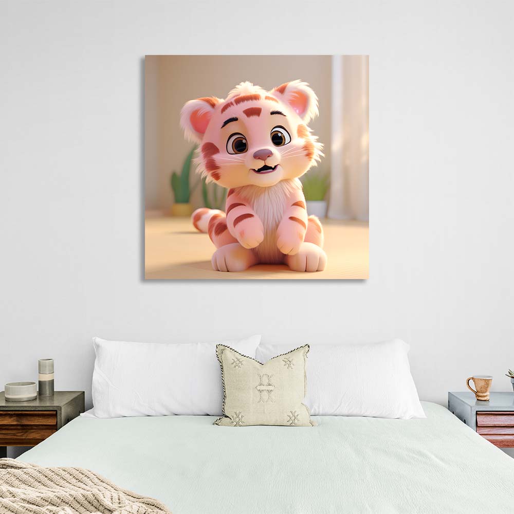 To the children's room A tiger cub against a background of indoor flowers Canvas Wall Art Print