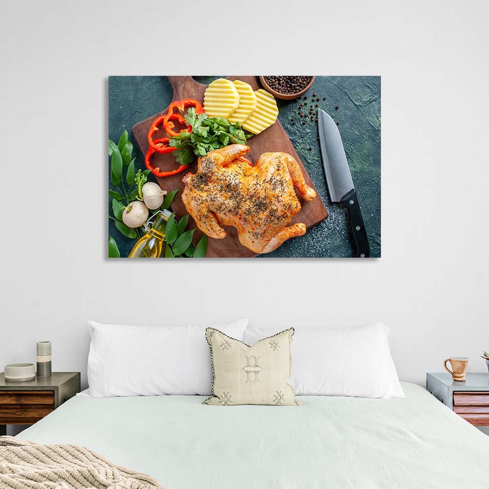 Canvas Wall Art Print For Kitchen Grilled chicken with vegetables on a board horizontal 2