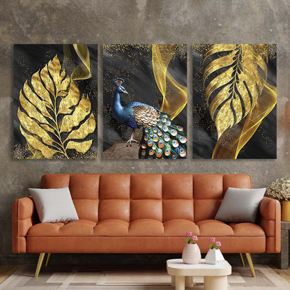 Multi Panel Canvas Wall Art Print Peacock in golden leaves