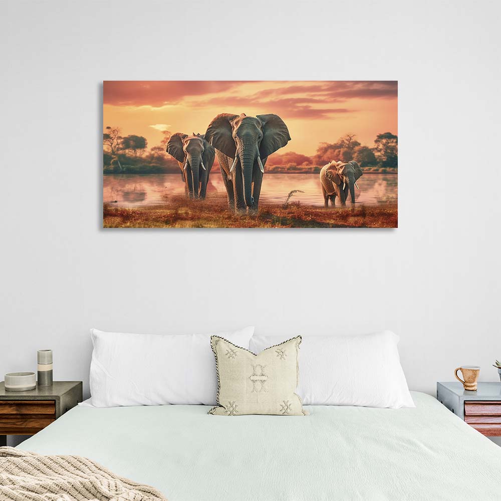 3 elephants by the lake Canvas Wall Art Print