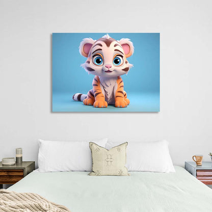 Canvas Wall Art Print Tiger cub with blue eyes on a blue background