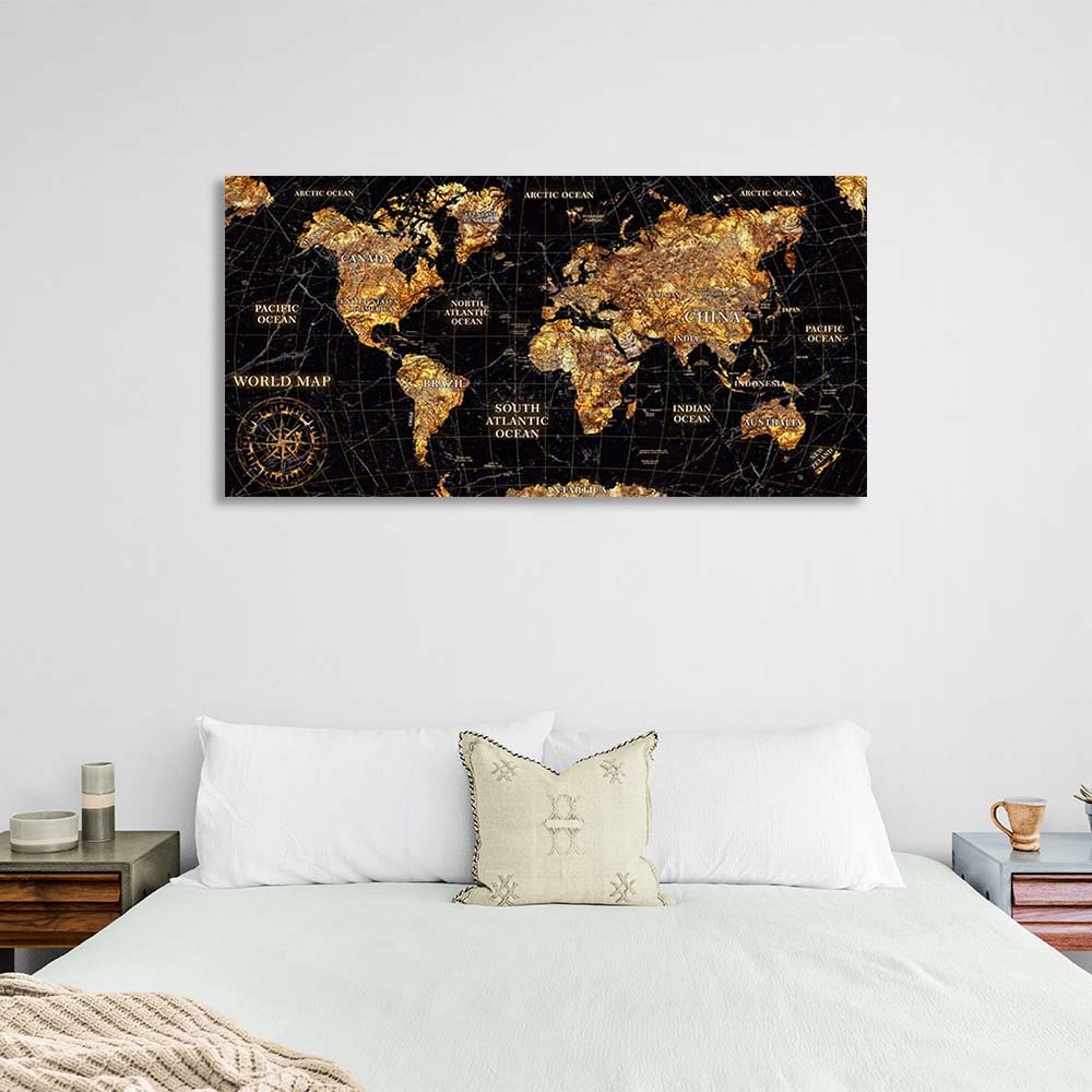 Canvas Wall Art Print Map of the New World black with gold 2