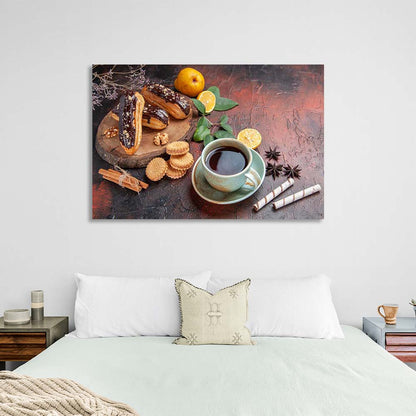 Canvas Wall Art Print For Kitchen Black tea with cinnamon and pastries