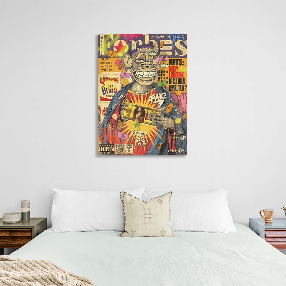 Pop Art Monkey with a hundred-dollar bill Canvas Wall Art Print