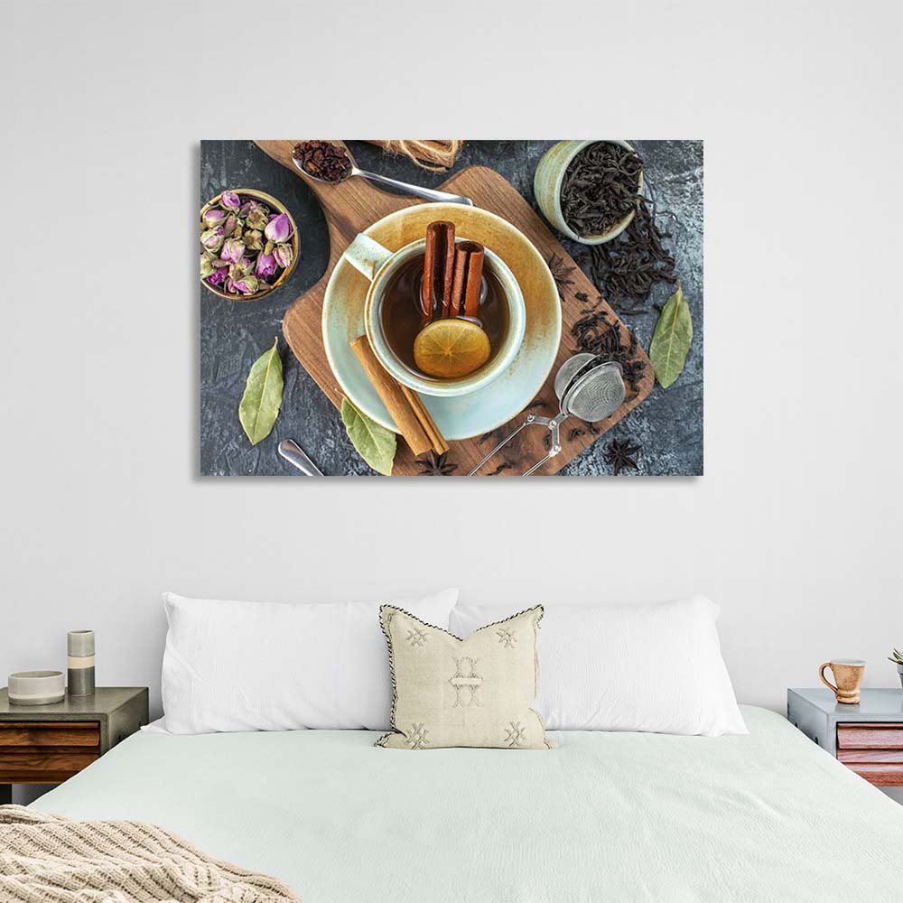 Canvas Wall Art Print For Kitchen Black tea with cinnamon