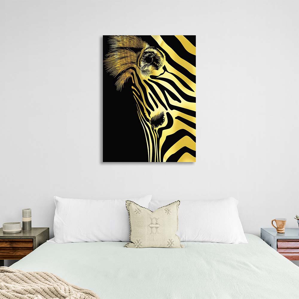 Canvas Wall Art Print Gold zebra head on black background