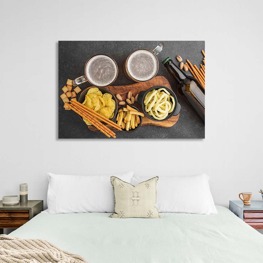 Canvas Wall Art Print For Kitchen Two mugs of beer and snacks