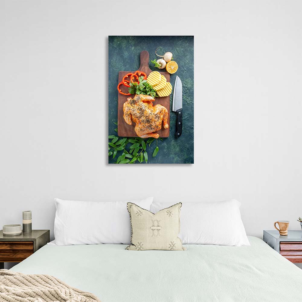 Canvas Wall Art Print For Kitchen Grilled chicken with vegetables on a board