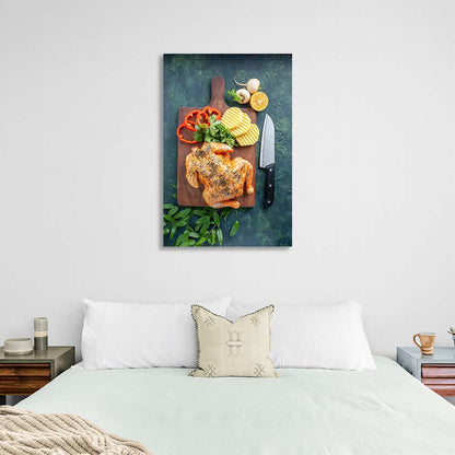 Canvas Wall Art Print For Kitchen Grilled chicken with vegetables on a board