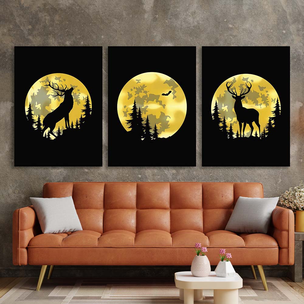 Multi Panel Canvas Wall Art Print Stag on the background of the golden moon