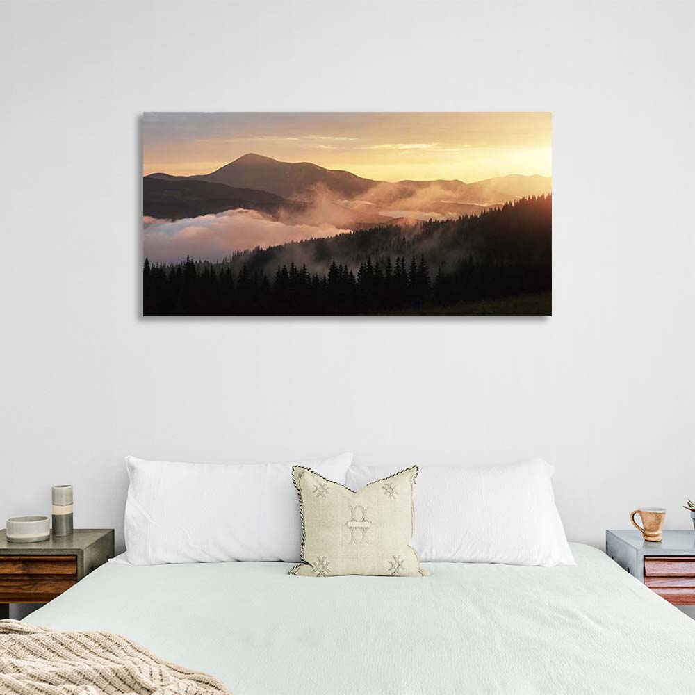 Canvas Wall Art Print Fog in the sunset mountains