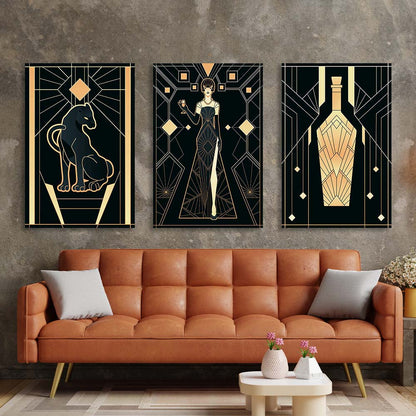 Multi Panel Canvas Wall Art Print Woman, panther and bottle in Art-Deco style