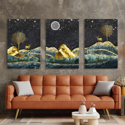 Multi Panel Canvas Wall Art Print Golden deer on the background of the starry sky