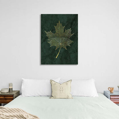 Canvas Wall Art Print Golden maple leaf on dark green background