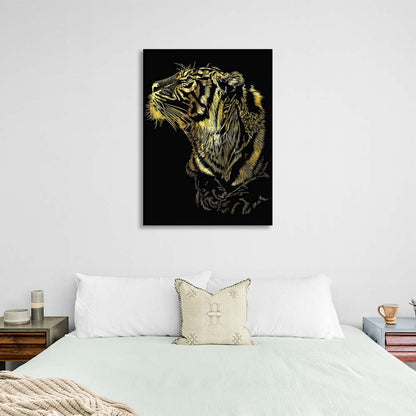 Canvas Wall Art Golden tiger head on black background