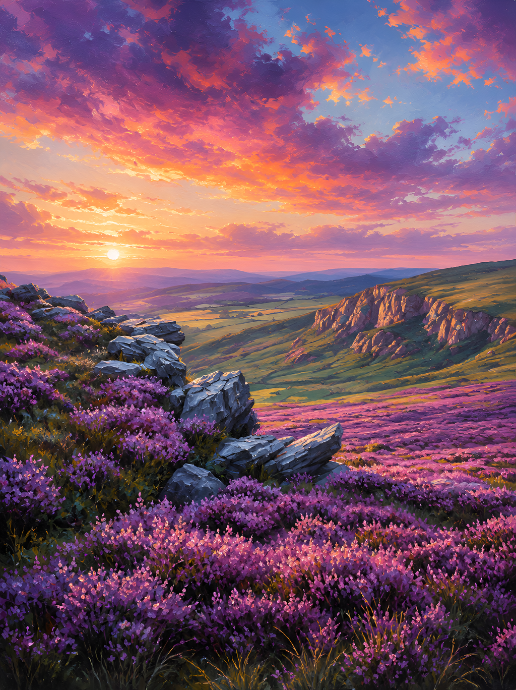 Scottish Highlands Canvas Wall Art, Lavender Landscape Oil Painting, Colorful Mountain Sunset Canvas Print