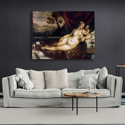 Reproduction Venus with Cupid, dog and partridge Titian Reproduction Canvas Wall Art Print