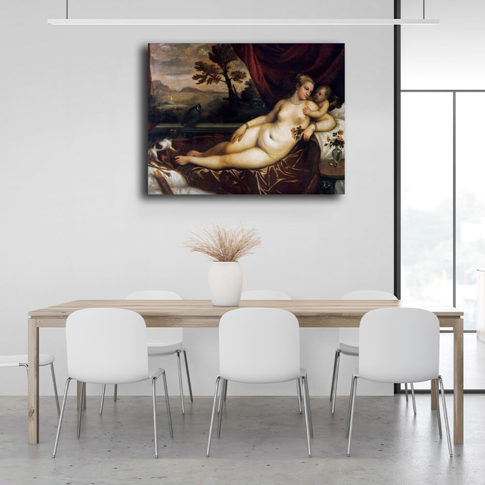 Reproduction Venus with Cupid, dog and partridge Titian Reproduction Canvas Wall Art Print