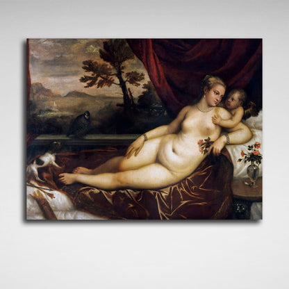 Reproduction Venus with Cupid, dog and partridge Titian Reproduction Canvas Wall Art Print