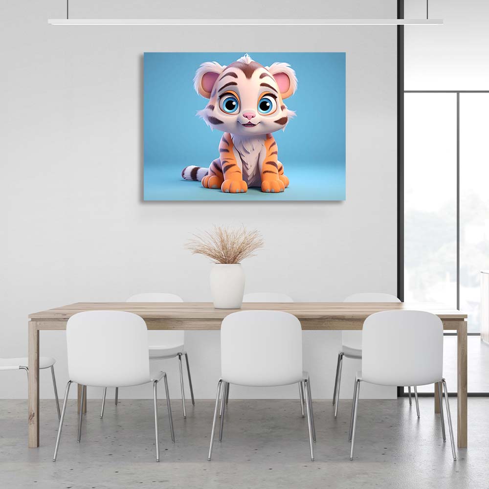 Canvas Wall Art Print Tiger cub with blue eyes on a blue background