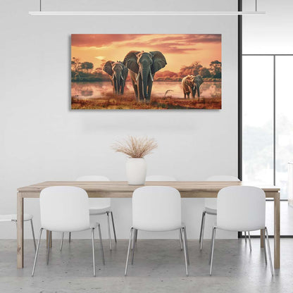 3 elephants by the lake Canvas Wall Art Print