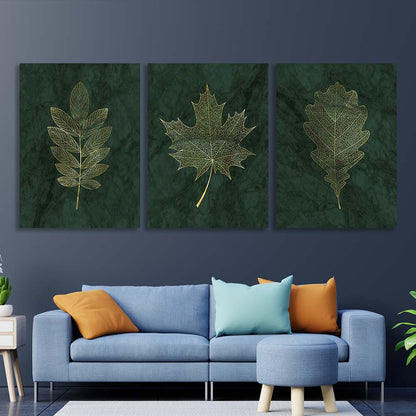 Multi Panel Canvas Wall Art Print Golden leaves on dark green background