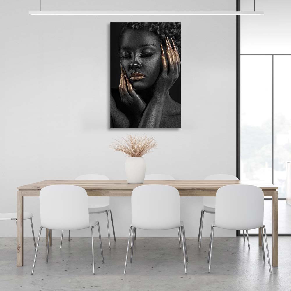 Canvas Wall Art Print Dark-skinned girl with golden manicure