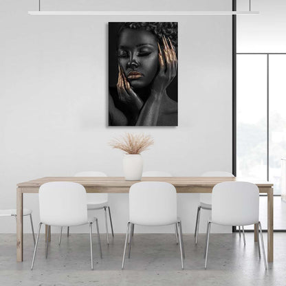 Canvas Wall Art Print Dark-skinned girl with golden manicure