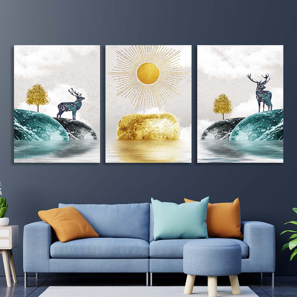 Multi Panel Canvas Wall Art Print Sun between two hills