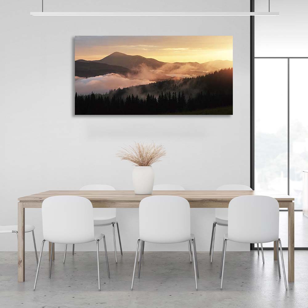 Canvas Wall Art Print Fog in the sunset mountains