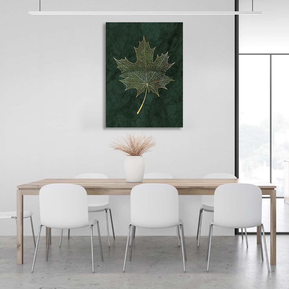 Canvas Wall Art Print Golden maple leaf on dark green background