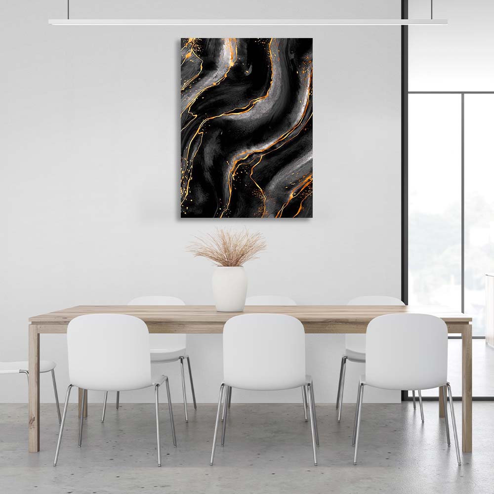 Abstraction Canvas Wall Art Print Black and white marble with gold