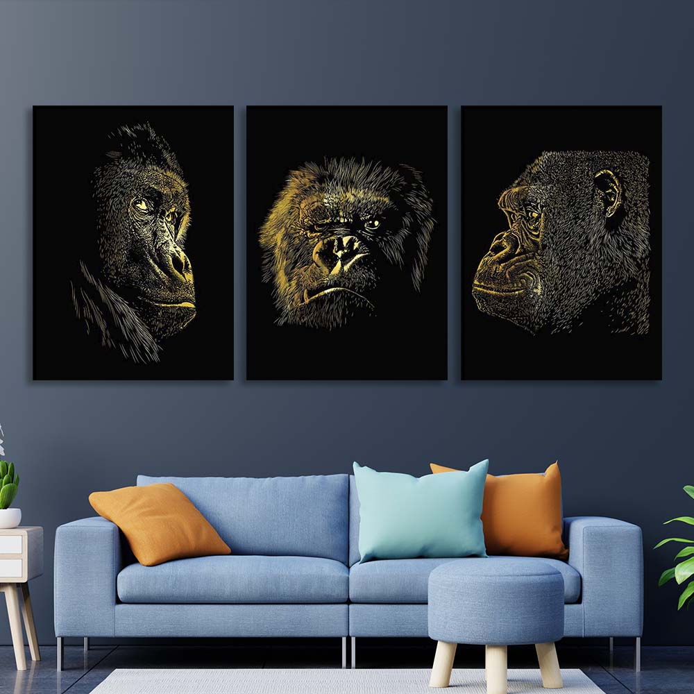 Multi Panel Canvas Wall Art Print Gorilla Head on a black background