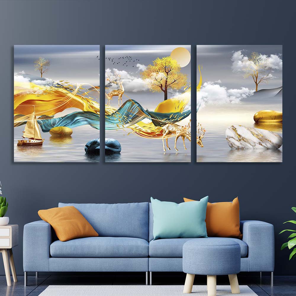 Multi Panel Canvas Wall Art Print Golden deer on the background of hills