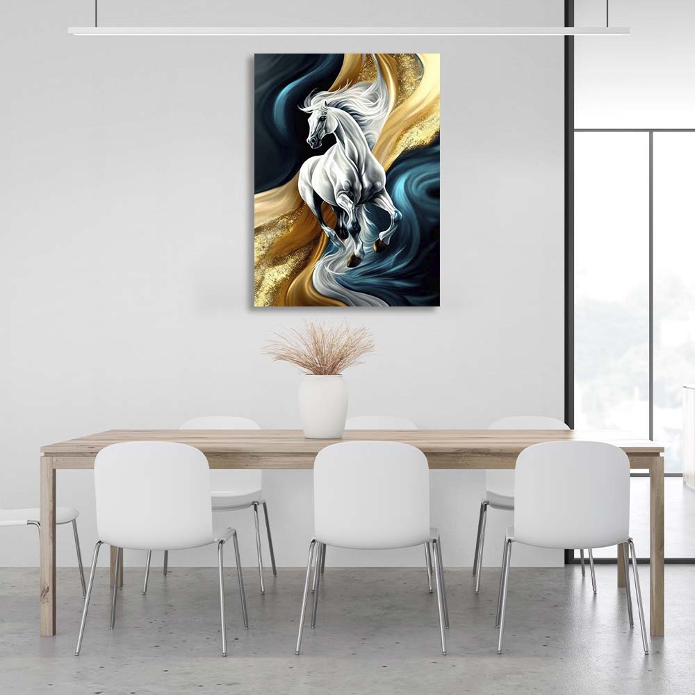 Canvas Wall Art Print White horse on blue-gold background