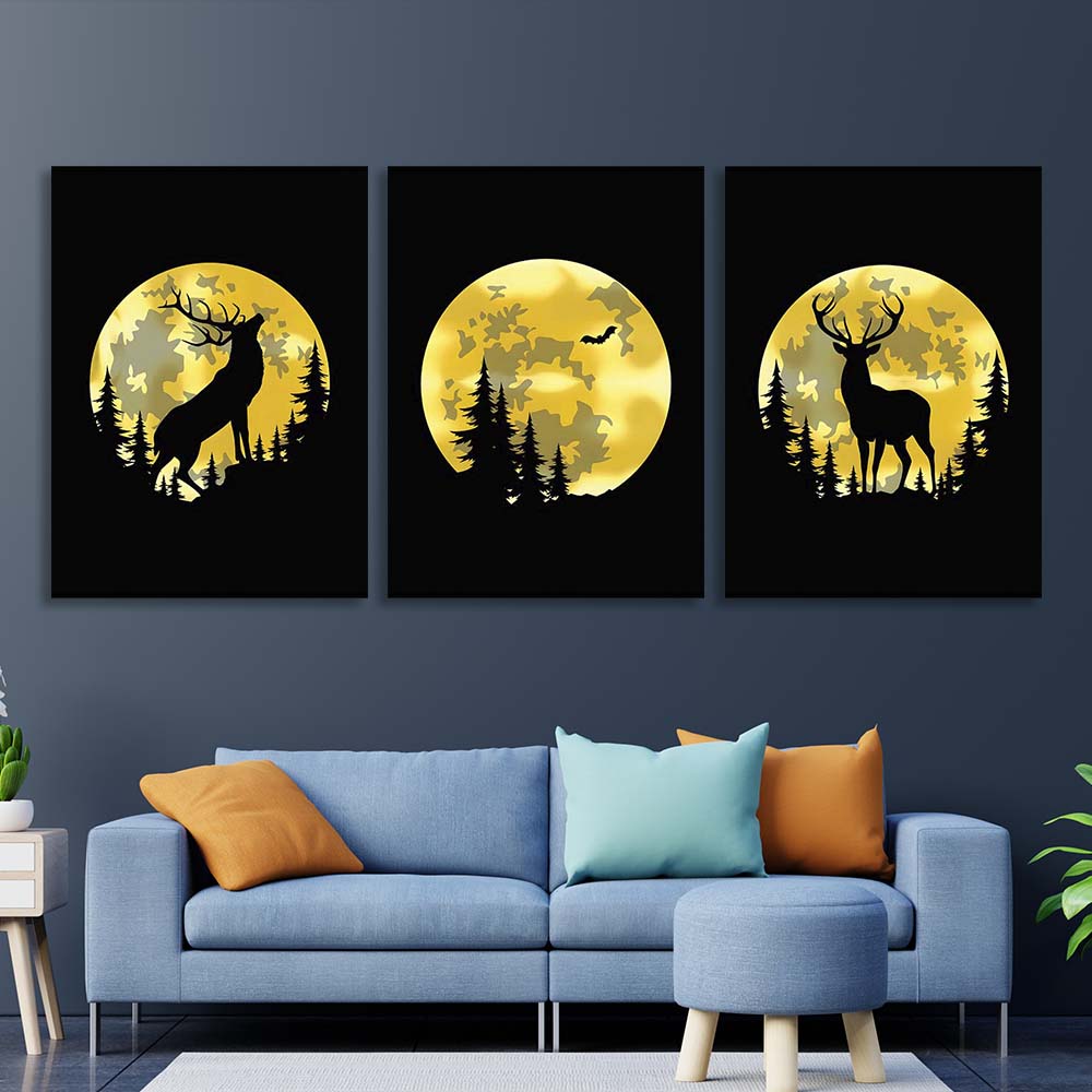 Multi Panel Canvas Wall Art Print Stag on the background of the golden moon